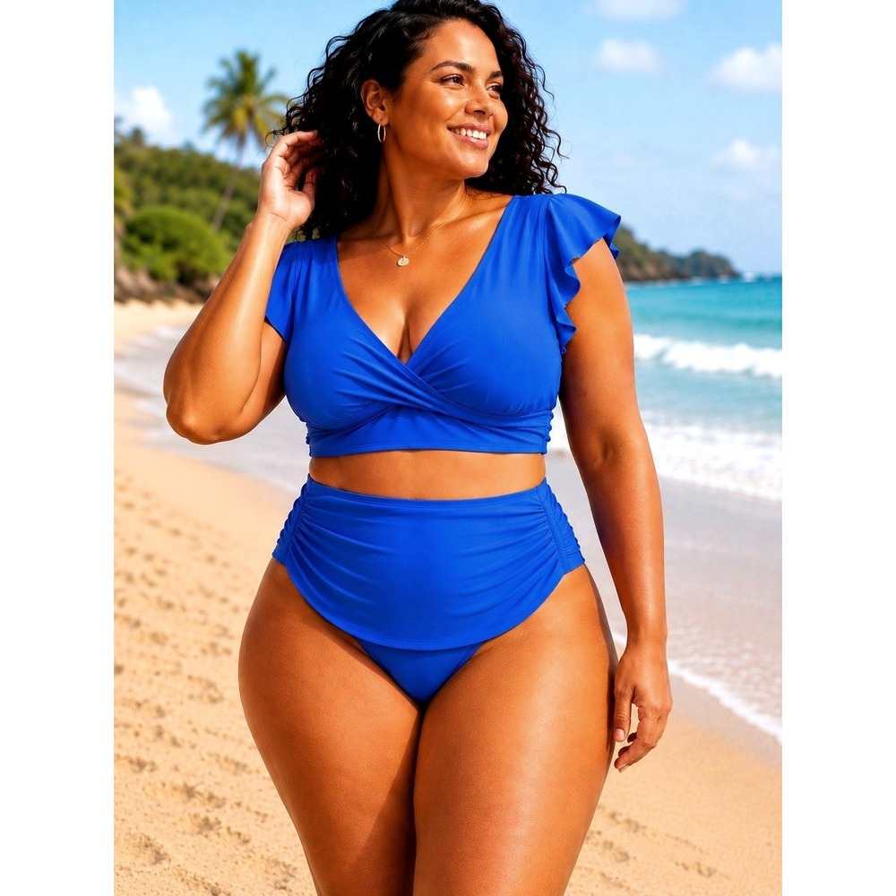Bikini Set Womens 20W Blue Ruched High Waisted Flutter Sleeve Foe Wrap Front Top